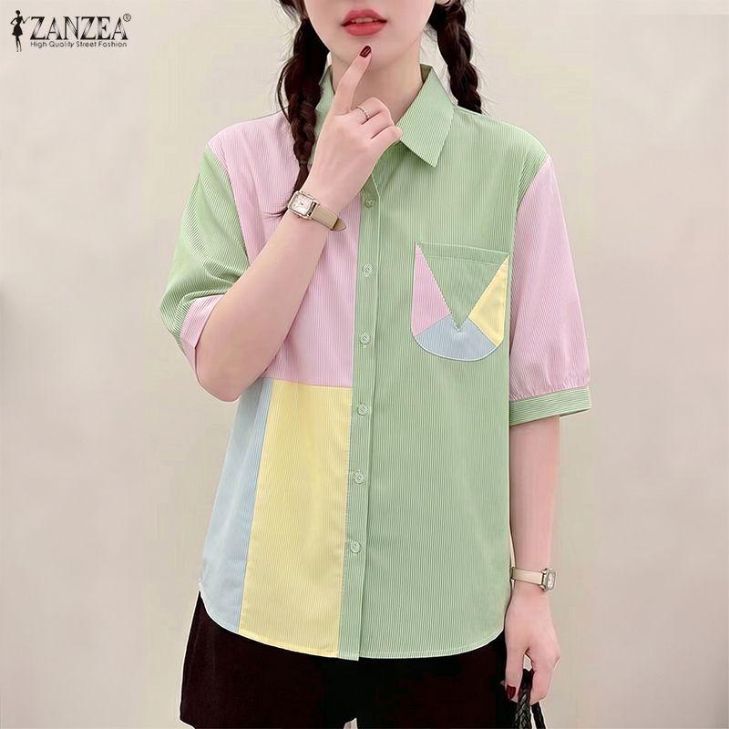 ZANZEA Womens Turn Down Collar Short Sleeve Patchwork Stripe Blouse