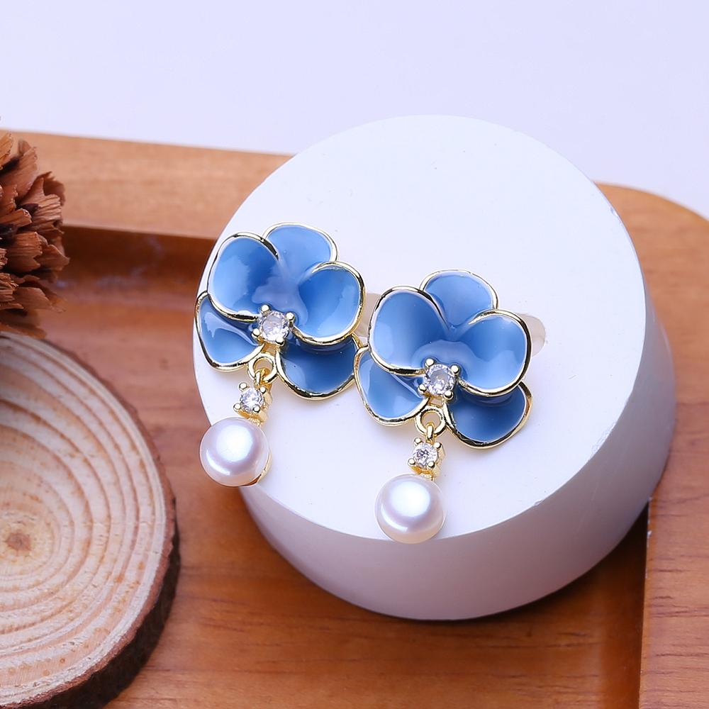 LSOOYH Freshwater Pearl Earrings Gold Color Blue Flower Stud Earrings Fashion Birthday Anniversary Gifts For Women