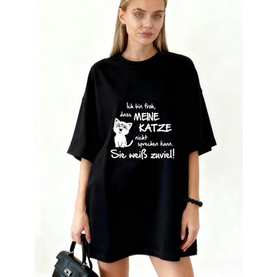 Oversized T Shirt Black Cat And German Text Print Casual Wear For Women