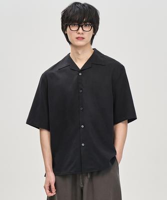 PRAIRIE Linen Open Collar Short Sleeve Shirt (Black)