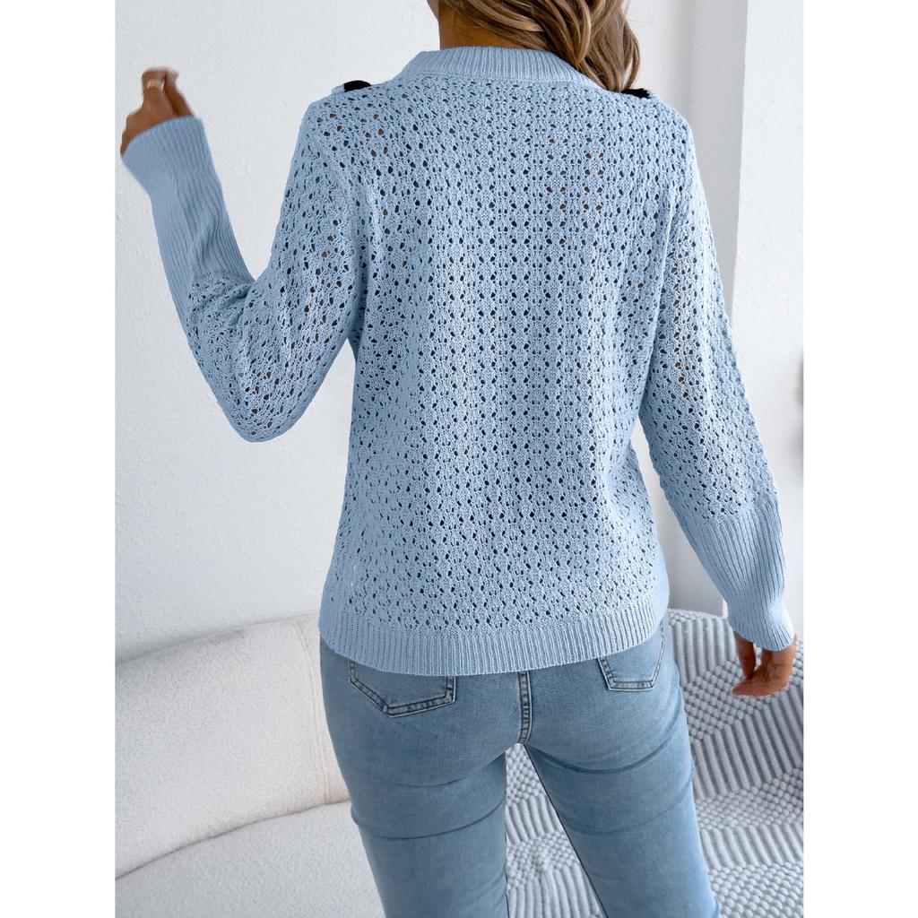 QICED Autumn and Winter Black Ear-trimmed Long-sleeved Pullover Sweater for Women