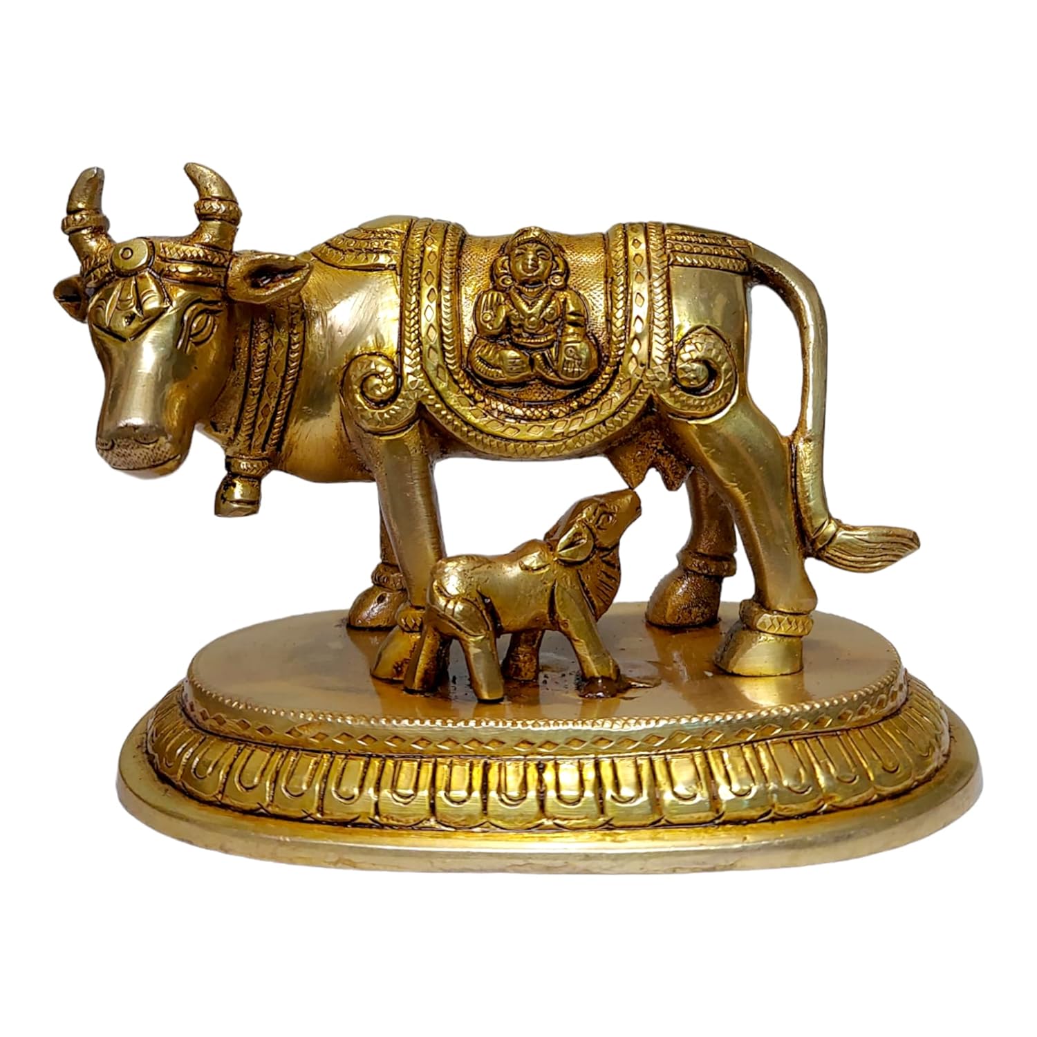 Handmade Brass Golden Kamdhenu Cow With Calf, Vastu Gau Mata Idol - 4 Inches