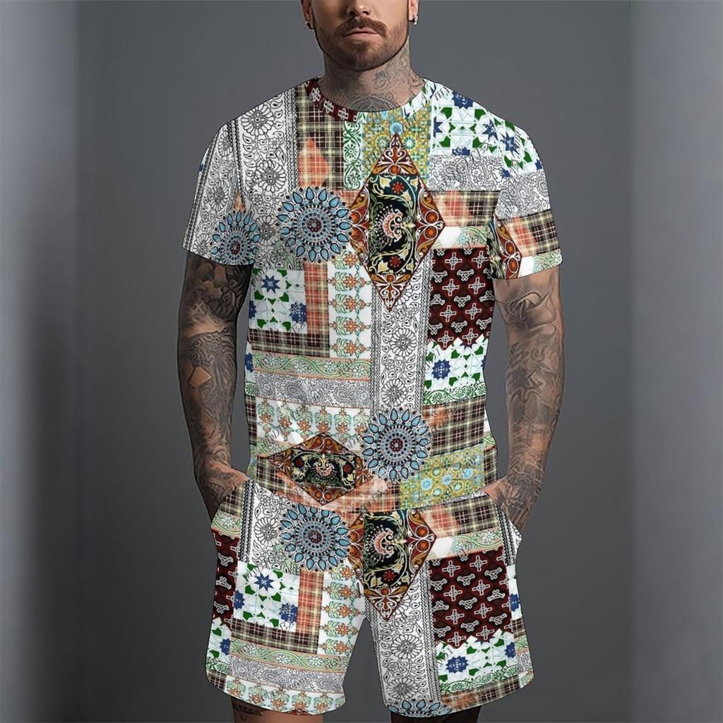 Men Abstract Red Fluid Art Print Short Sleeve T Shirt And Solid Black Shorts Two Piece Outfit