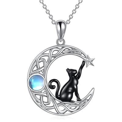 Kreative Mondstein-Stern & Schwarze Katze Anhänger Halskette - Modisches Feiertagsgeschenk für Frauen