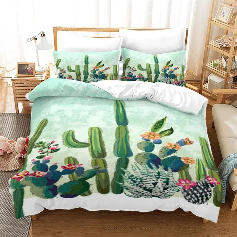 Comforter Chic Cactus Bedding Set Queen For Kids Teen Decor Cartoon Green Plants Succulents Nature Art Floral Comforter