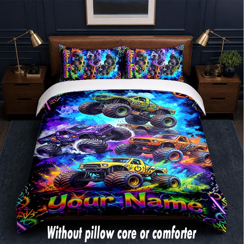 Monster Truck Theme Custom Text Or Name 3Pcs Bedding Set,1 Flat Sheet & 2 Pillowcases Personalized Home Bedding