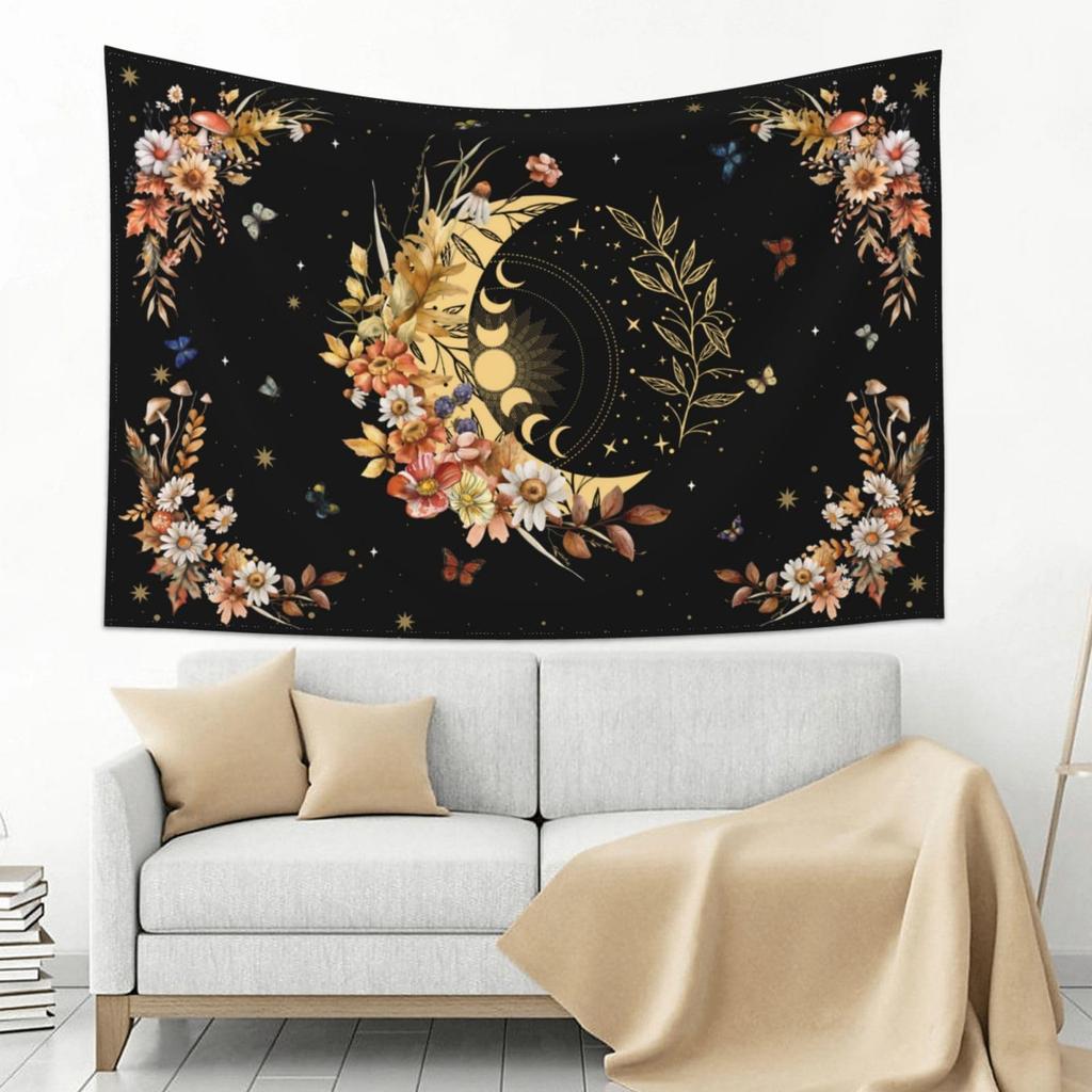 Wildflowers Vertical Wall Hanging, Illustrative Reference Chart Tapestry With Word, Beige White Vintage Tarot Flag Straight