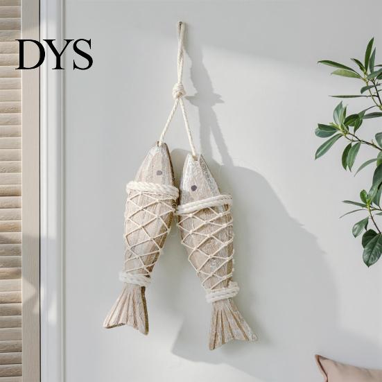Seaside Wall Hanging Rustic Nautical Wooden Fish Decor, Coastal Beach Style Home Decor Ornament with Fishing Net for Lake House, Bedroom, Bathroom