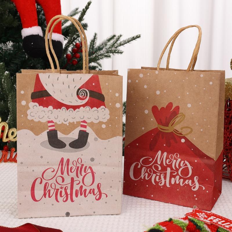 Christmas Candy Gift Box with Handle Kraft Paper Cookie Snack Packing Bags Santa Claus Snowflake Pattern Xmas Gifts Packaging