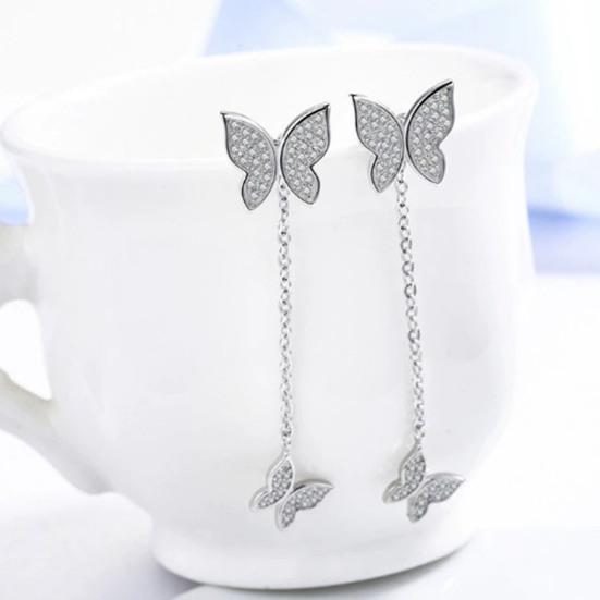 1 Pair Drop Earrings for Women, Micro-Paved Cubic Zirconia Double Butterfly Tassel Design Stud Earrings, Long Drape Statement Earrings