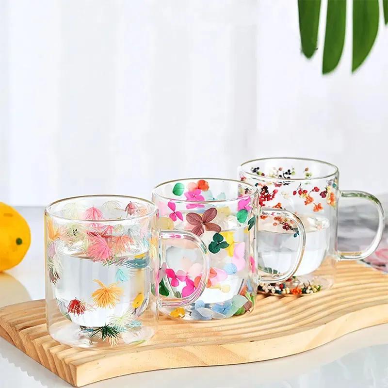 Creative Design 350ml Double Wall Glass Mug Cup With Dry Flower Fillings With Handles Kitchen Accessories WLL2149