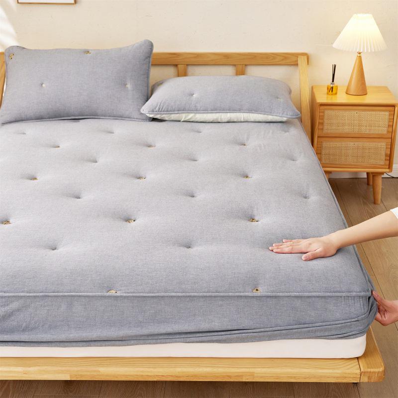 Washed Cotton Quilted Fitted Sheet - Solid Color, Full Wrap, Protective Cover for Home & Dormitory