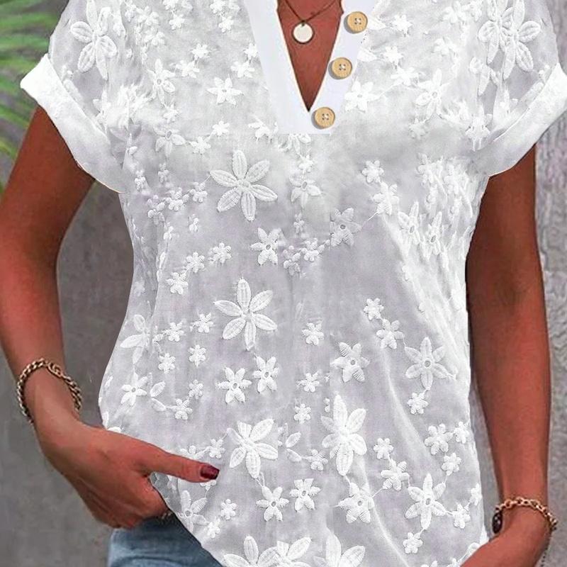 Summer Minimalist Casual Solid Color V-Neck Short Sleeve Blouse Women M