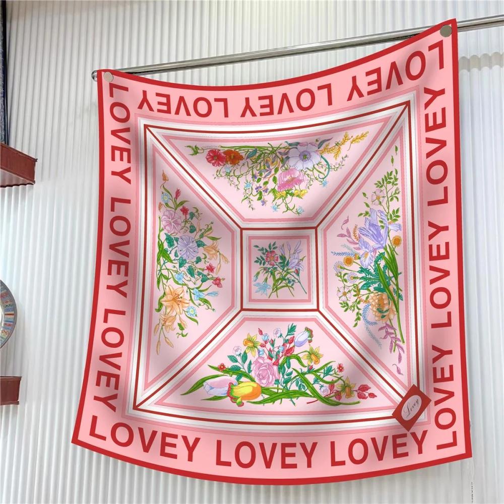 Silk Scarf Women Floral Printed Square Scarves Head Echarpes Silk Foulards Femme Wraps Beach Shawls Bandana Lady Hijabs 90CM