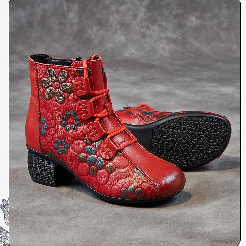 Johnature morbidi stivali corti caldi stampa retrò in vera pelle tacchi spessi e suole morbide scarpe da donna
