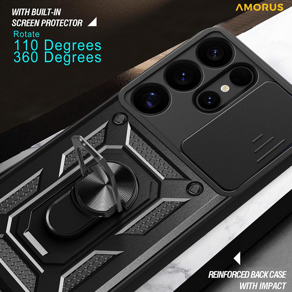 AMORUS For Samsung Galaxy S25 Ultra Case Kickstand PC+TPU Phone Cover with Camera Lens Slider