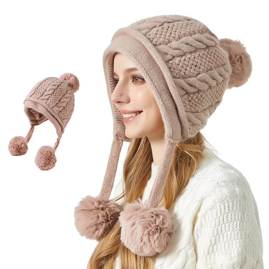 Women's Winter Thick Ear Protecting Three Hair Ball Rabbit Hair Knitted Hat Outdoor Riding Warm Hat