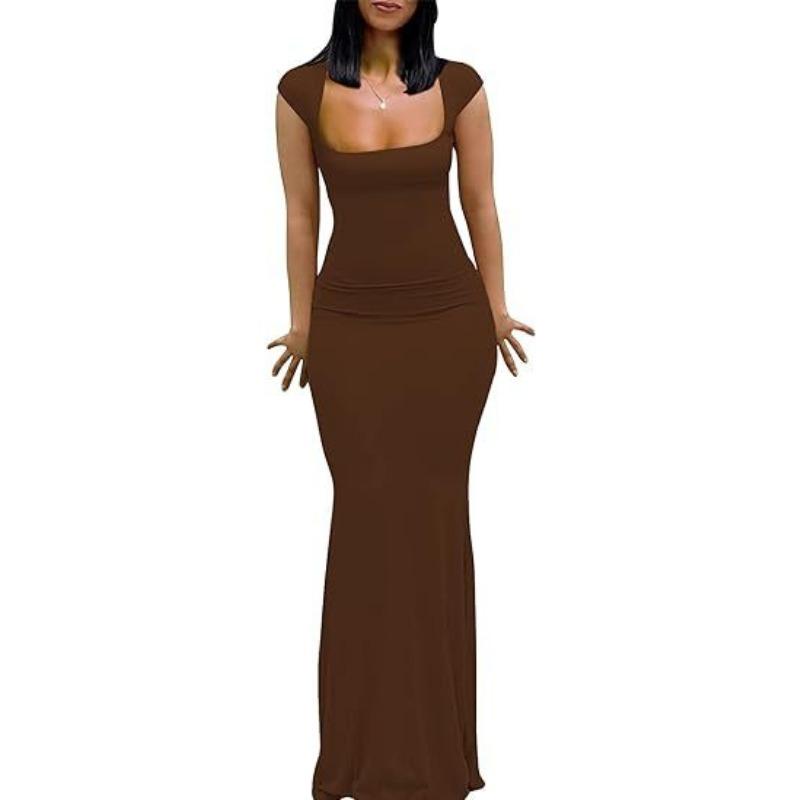 

Женское летнее элегантное повседневное длинное облегающее вечернее платье с квадратным воротником и закрытыми рукавами M темно-коричневого