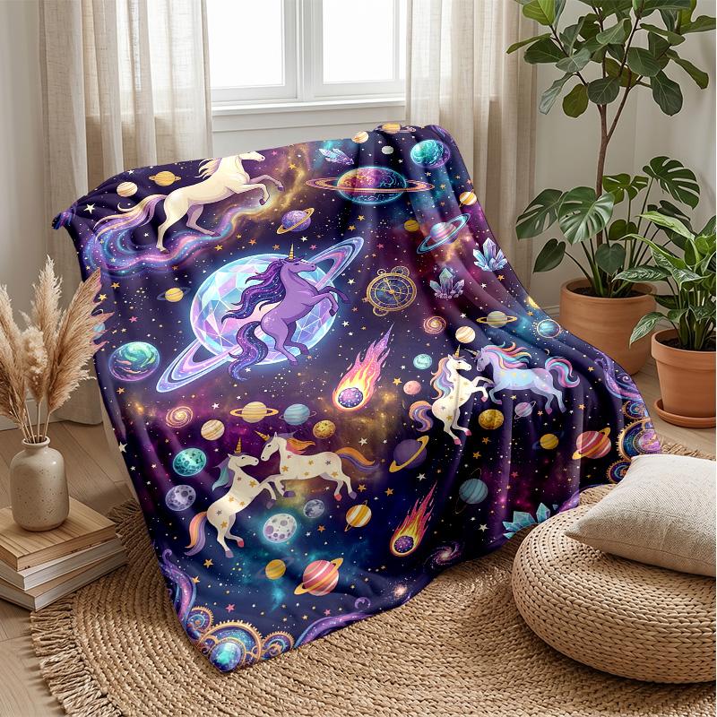 Cosmic Unicorn with Flowers Blanket Personalized Name Flannel Blanket Soft Cozy Plush Throw for Sofa Bed Lightweight Home Decor
