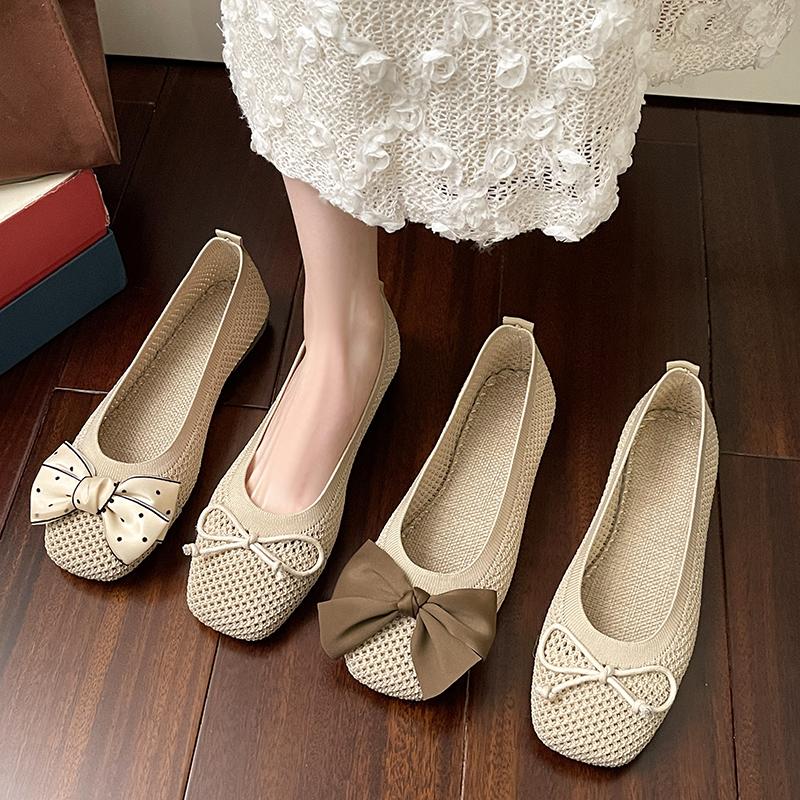 Lovely Sweet Flats for Women Summer Casual Slip on Round Toe Shoes for Women Solid Stretch Fabric Butterfly Knot Casual Shoes