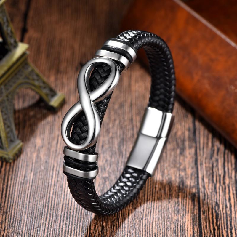 Mens Stainless Steel Infinity Symbol Braided Leather Bracelet Fashion Casual Wristband