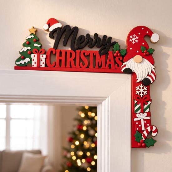 Gnome Door Frame Decoration Christmas Wooden Corner Decor, Festive Gnome/Gingerbread House/Letter Sign, No Holiday Ornament Drill Topper for