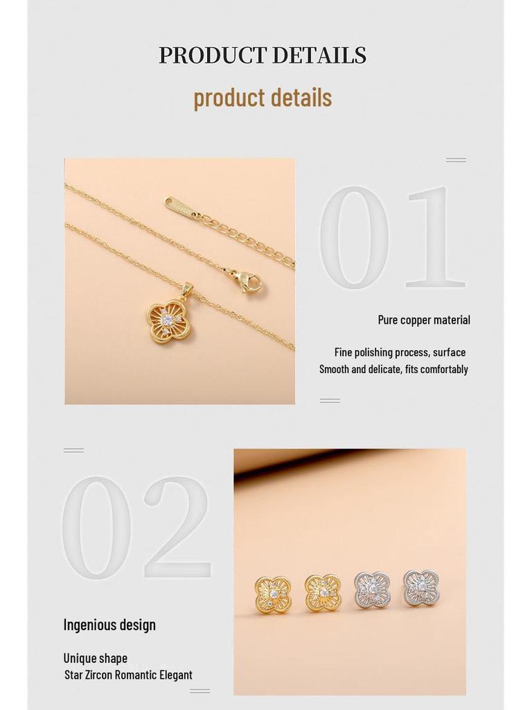 Four-Leaf Clover Copper Alloy Stud Earrings & Necklace Set - Women’s 2025 Simple Luxury Design
