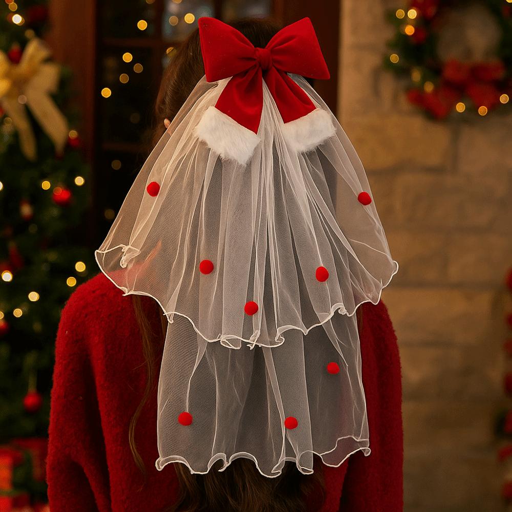 Velvet Christmas Veil Headband Mesh Bow Veil Creative Bridal Tulle Birthday Headdress