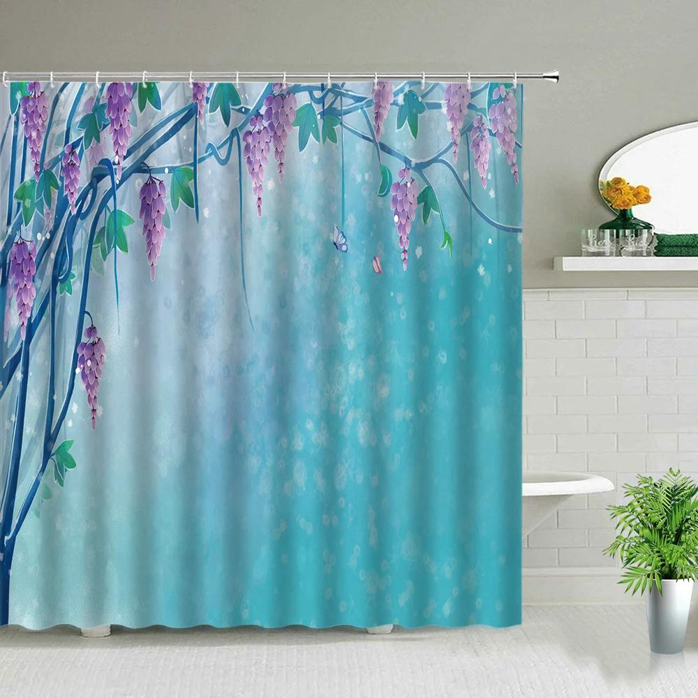 Flowers Plant Shower Curtains Beautiful Flower Purple Bathroom Decor Bathroom Screen Polyester Frabic Waterproof Cloth Curtains