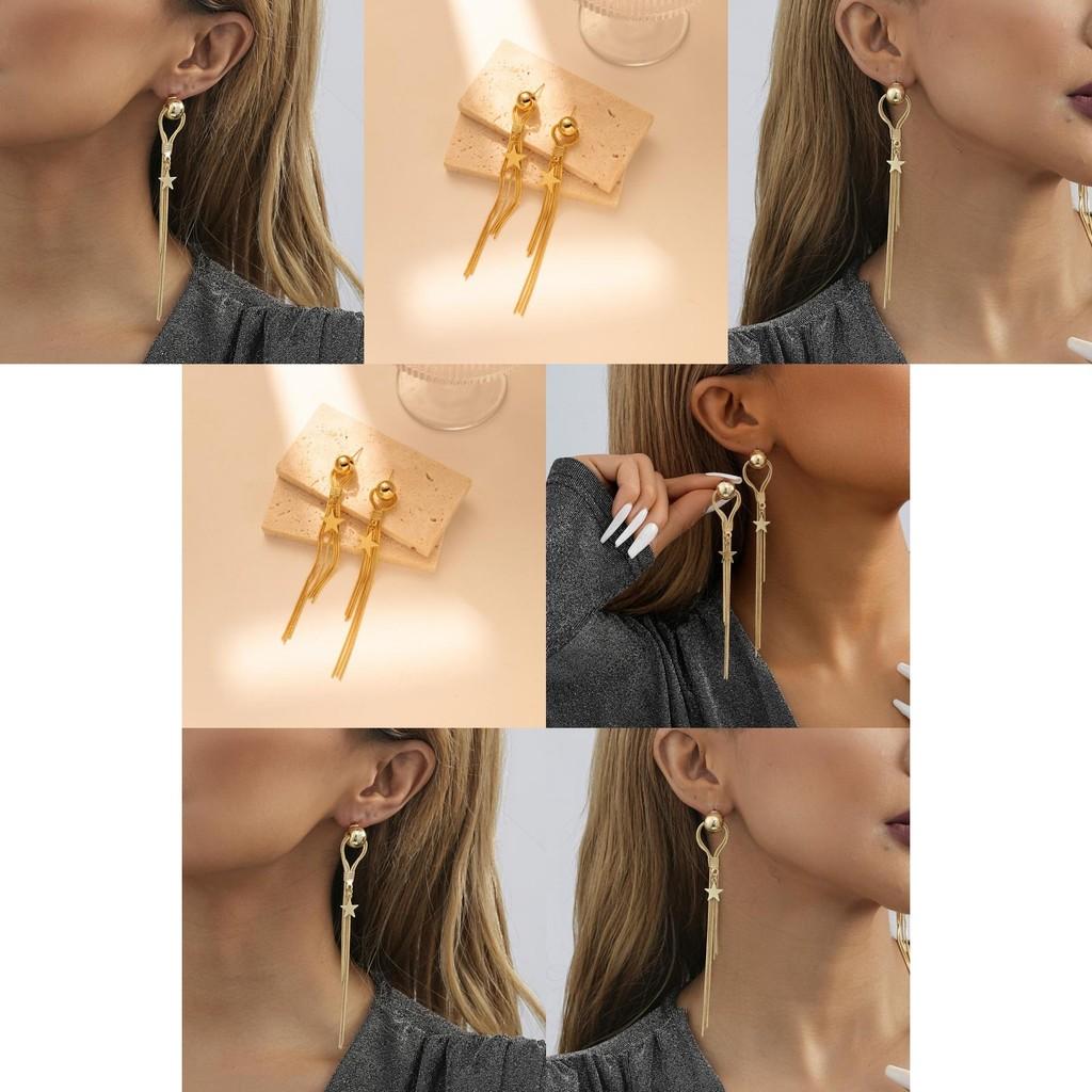 Trendy Gold Star Drop Earrings For Women Fashionable Asymmetric Tassel Style