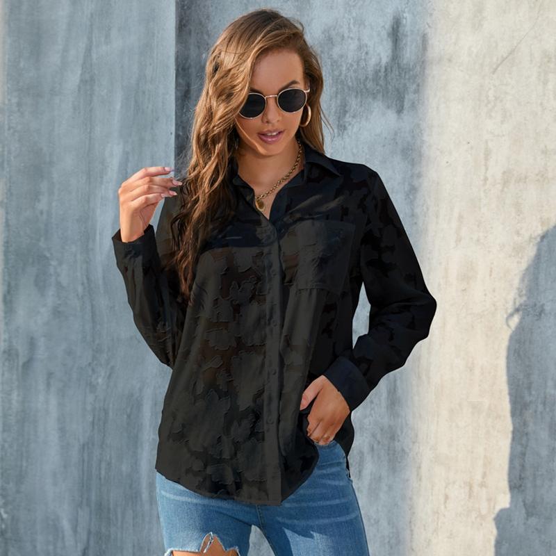 Women's Lapel Jacquard Cardigan Button Shirt Slightly Transparent Top