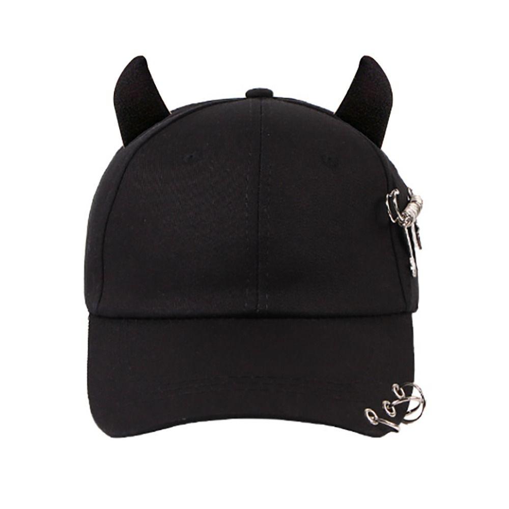 Korean Style Bull Horn Baseball Cap Punk Peaked Cap Sweet Cool Metal Ring Baseball Hat  Summer