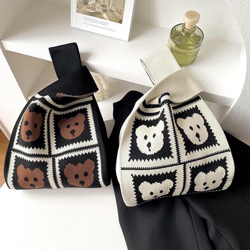 

Trendy Knit Bear Plaid Shoulder Tote: Large Capacity Women s Commuter Bag