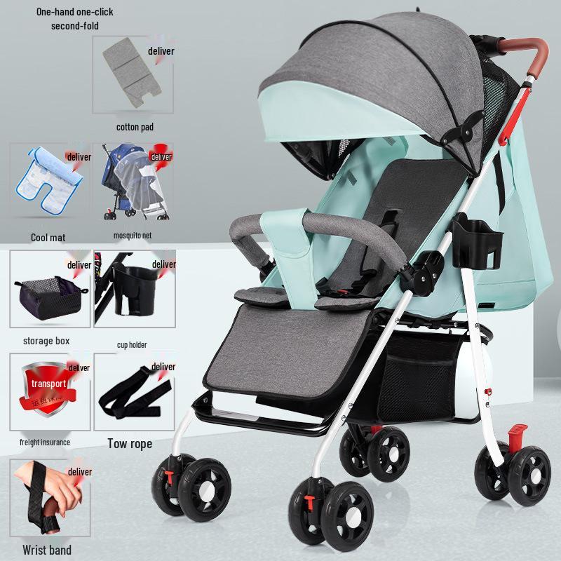 Lightweight Foldable Stroller: Sit or Lie Position, Four-Wheel Design, One-Key Fold for Kids and Babies.