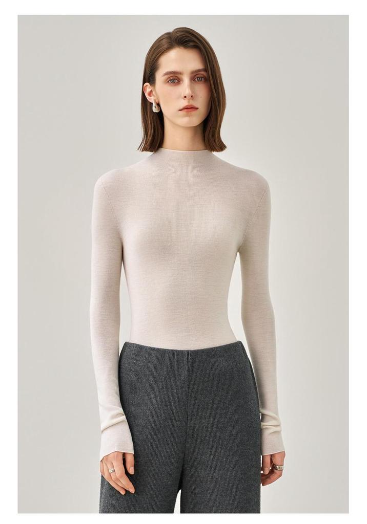 Machine Washable Women's Pure Wool Slim-Fit Half-High Collar Sweater - Autumn/Winter Cashmere Knit Base Layer