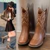 Mode Frauen Bestickte Westernstiefel Leder Mittlere Waden Cowboystiefel Winterstiefel mit Blockabsatz Weibliche Herbstschuhe Botas Chelsea