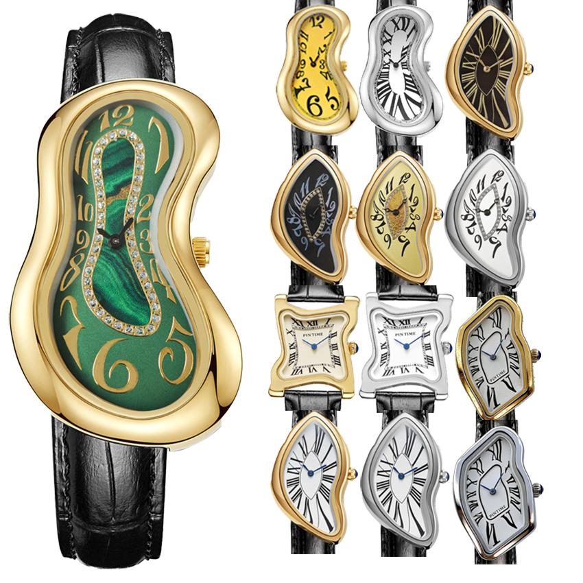 Surrealist Art Melting Clock Watch Unique Soft Time Quartz Wristwatch with Leather Band Creative Fashion Watch for Men Women