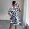 New, summer simple and fashionable waist printed strap short-sleeved dress women's clothing