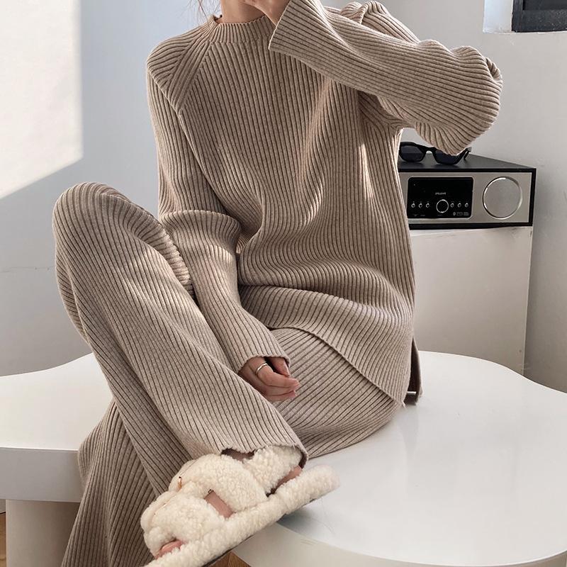Side Slit Knitted Sweater Women Musilm Sets Warm Trousers Wide-leg Pants Two-piece Suit Elegant Femme Modest Islamic Clothing
