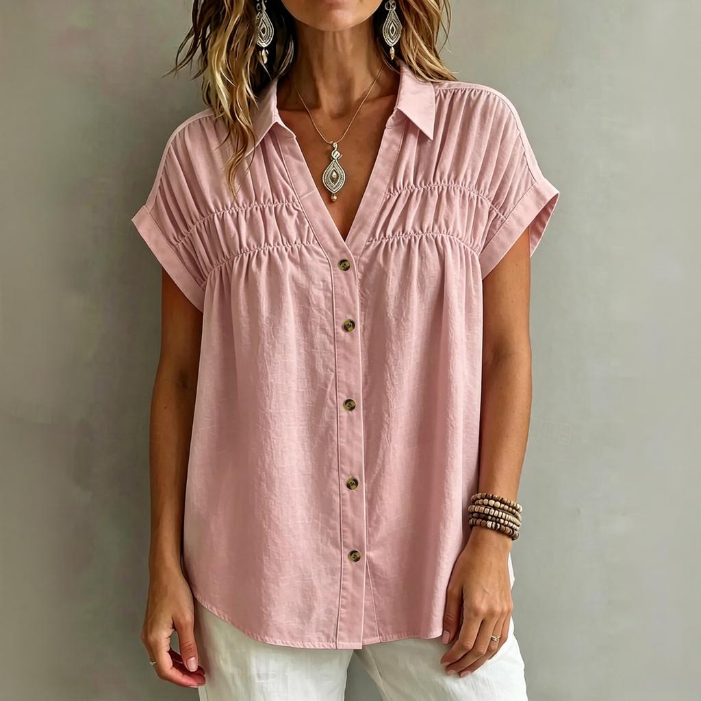 Women's V Neck Loose Fit Button Down Shirt Short Sleeve Wrinkled Front Casual Blouse Lightweight Summer Top