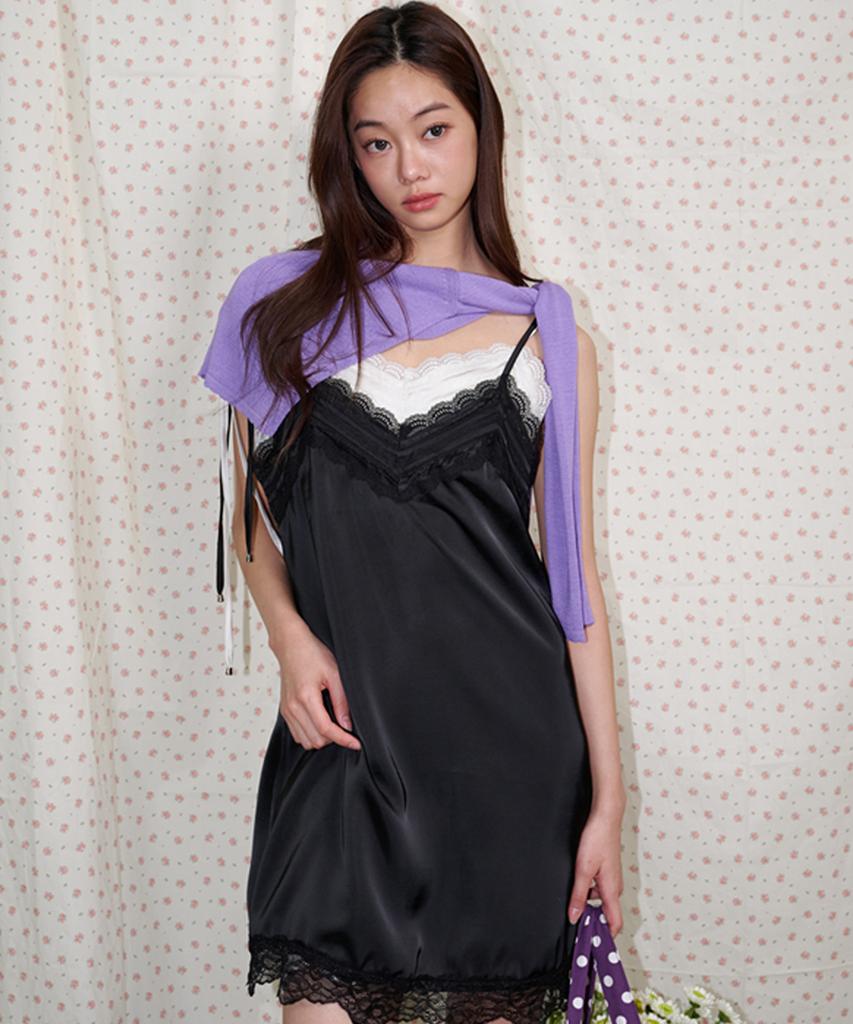 Opening Sunshine Ribbon Shoulder Satin Lace Mini Dress Black