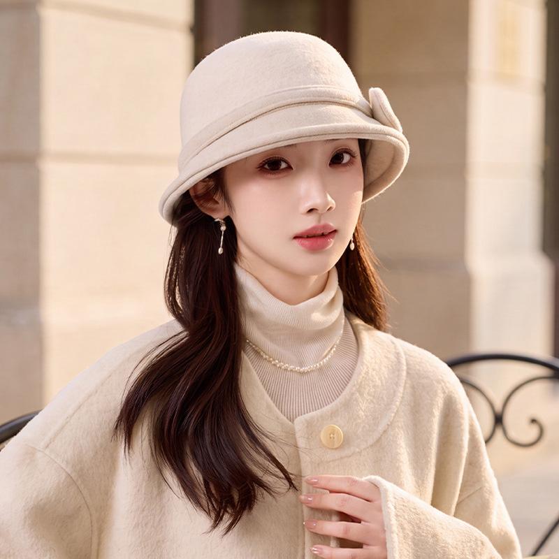 Temperament simple bucket hat autumn and winter bow decorative basin hat gentle intellectual versatile hat women's