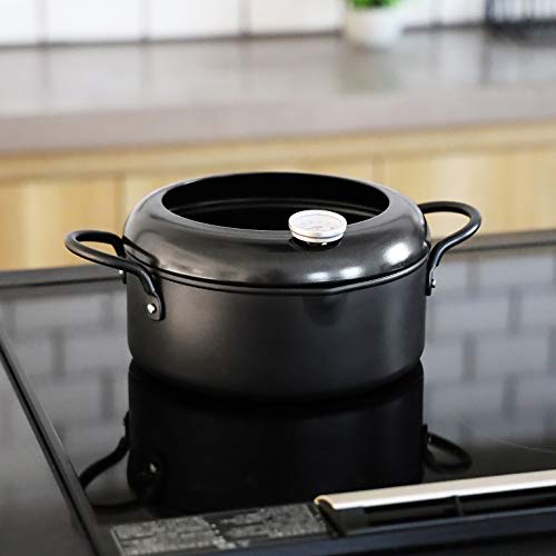 PEARL METAL Matte Tempura Pan, 20cm, Limited Edition, Black, Iron, with Thermometer, BLKP Black, AZ-5037