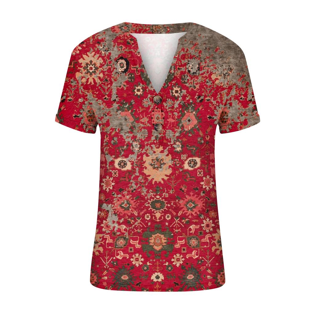 Fashion Womens Loose Summer Printing V Neck Button Button Short Sleeve Casual Tops