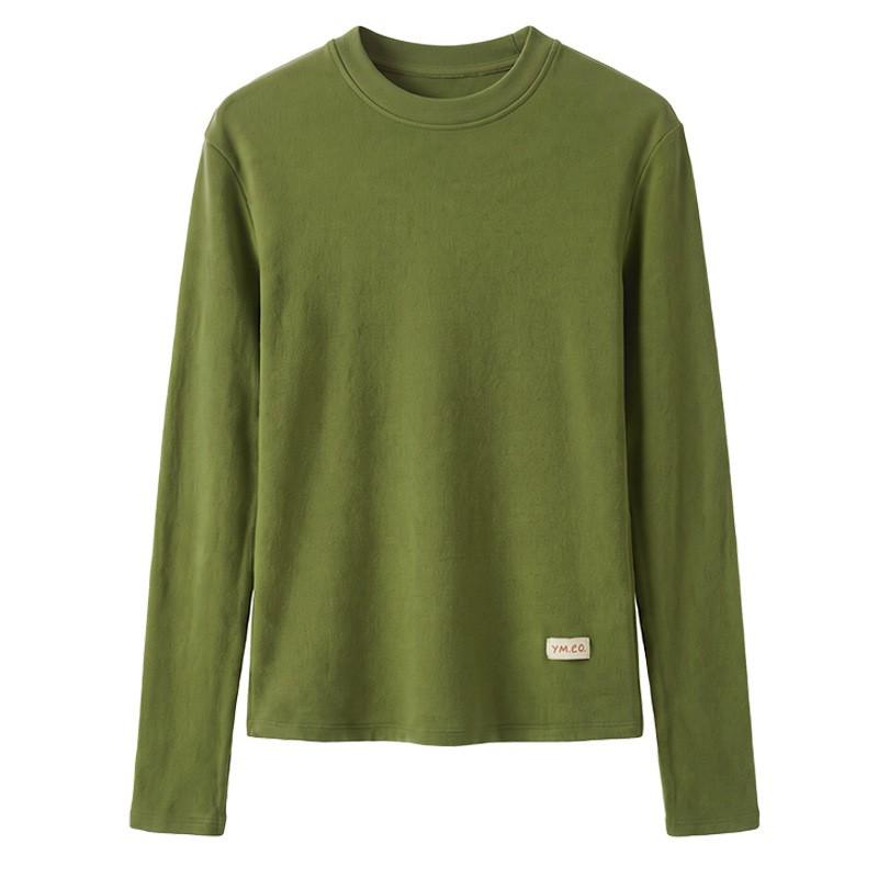 Soft Fleece-Lined Round Neck Long Sleeve Tee Women Slim Fit Korean Style Base Layer Top Fall Winter