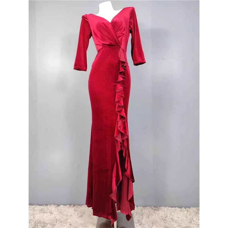 

French Style Sweet Comfortable Velvet Ruffles Split V-neck Red Gas Field High Cold Goddess Dress Dress Red S