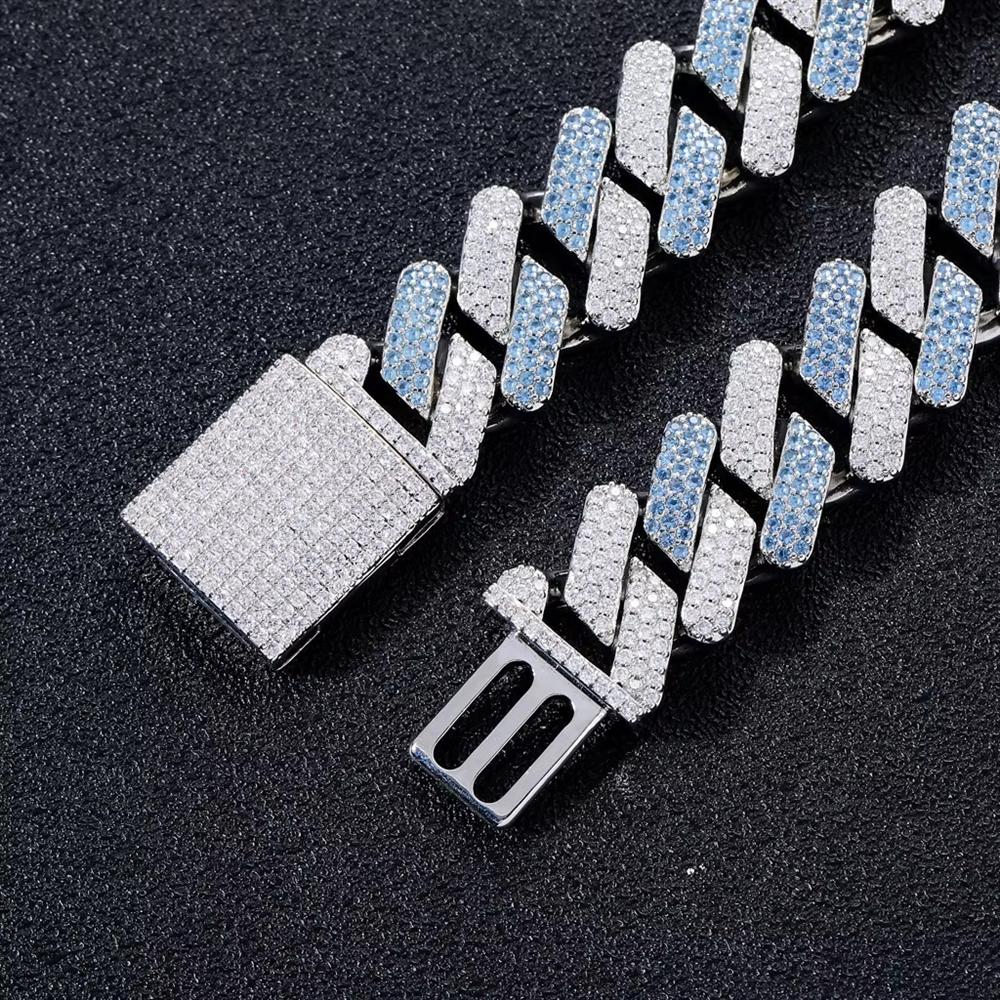 Hip Hop Jewelry 20mm Wide Silver and Blue CZ Iced Out Two Tone Miami Prong Cuban Chain Rhombus Bracelet