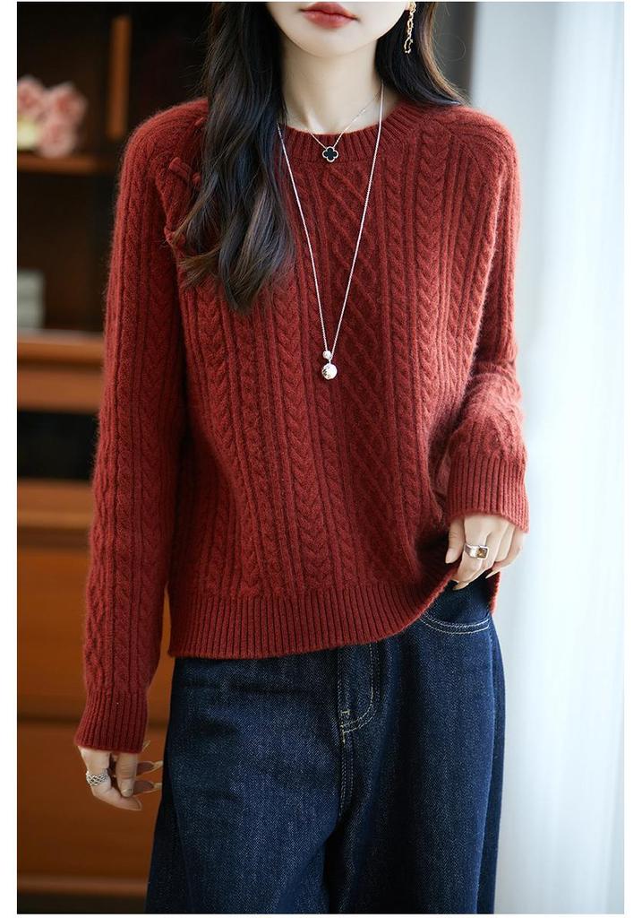 Women's Retro Chinese Style Wool Cable Knit Sweater - Autumn/Winter Versatile Layer Top