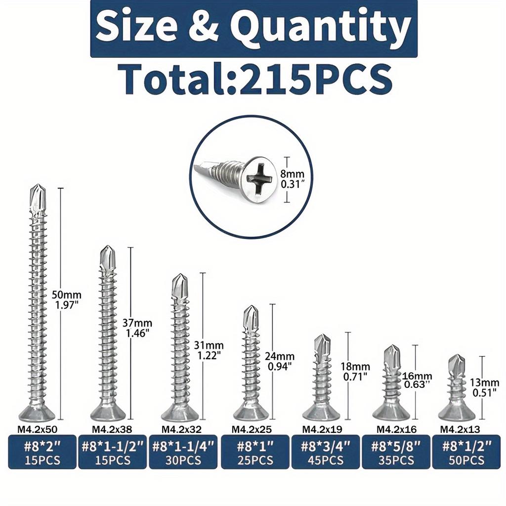 Zestaw wkrętów samogwintujących samowiercących z łbem krzyżowym stożkowym ze stali nierdzewnej 410, z gwintem jaskółczy ogon, 215 sztuk w pudełku, wkręty samowiercące