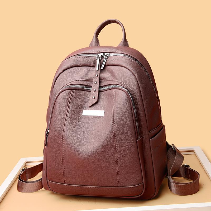 Retro Soft Leather Casual Backpack, Large Capacity, Solid Color, Simple Commuting Backpack, Trendy and Versatile, High School Student Backpack